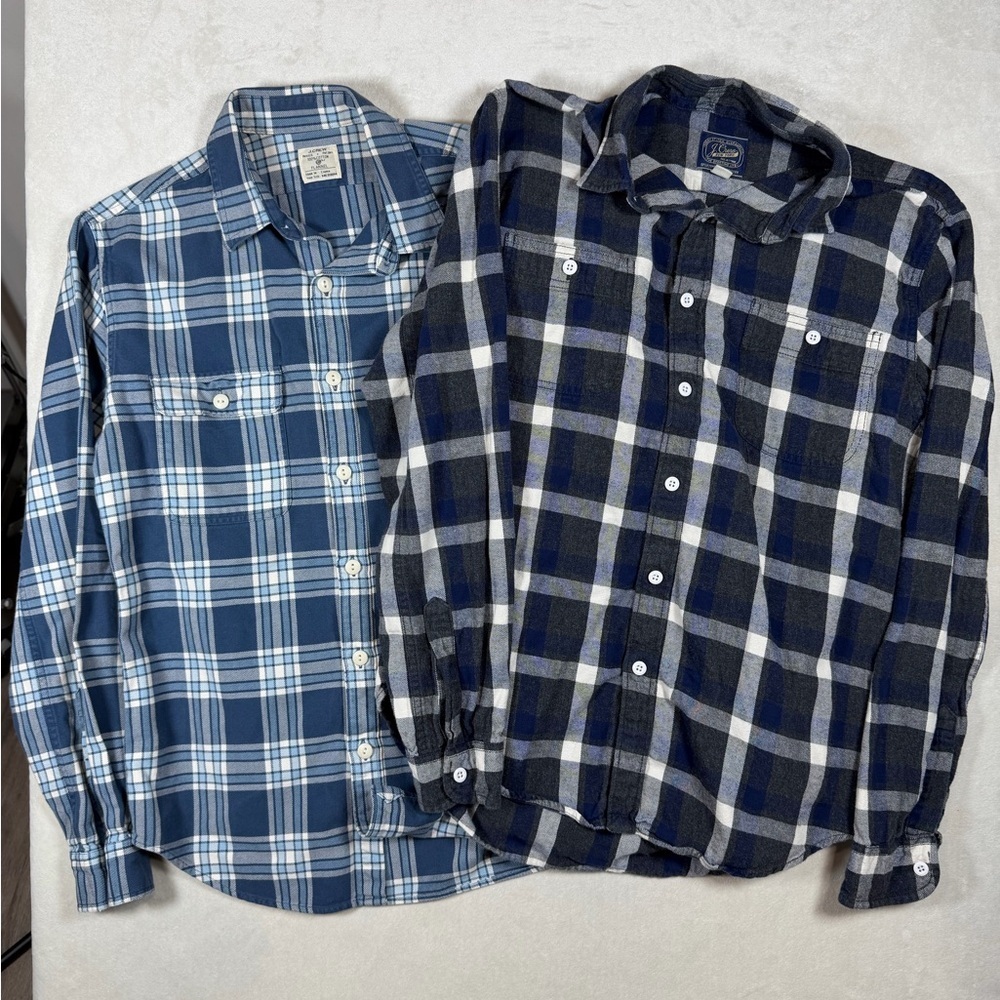 Lot of 2 J. Crew Medium Blue and Black Plaid Flannel Casual Shirts